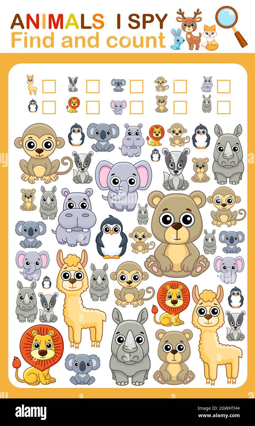 Printable worksheet for kindergarten and preschool book page i spy count zoo animal stock vector image art