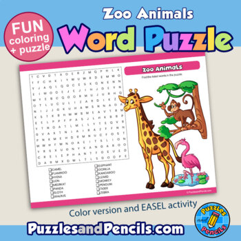 Zoo animals activity page word search puzzle with coloring tpt