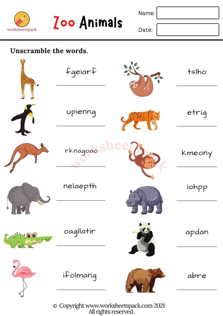 Zoo animals worksheets