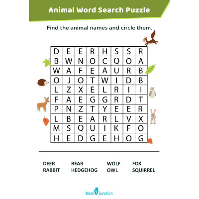 Animal word search puzzle for kids