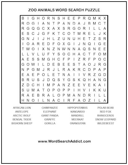 Zoo animals printable word search puzzle word search addict