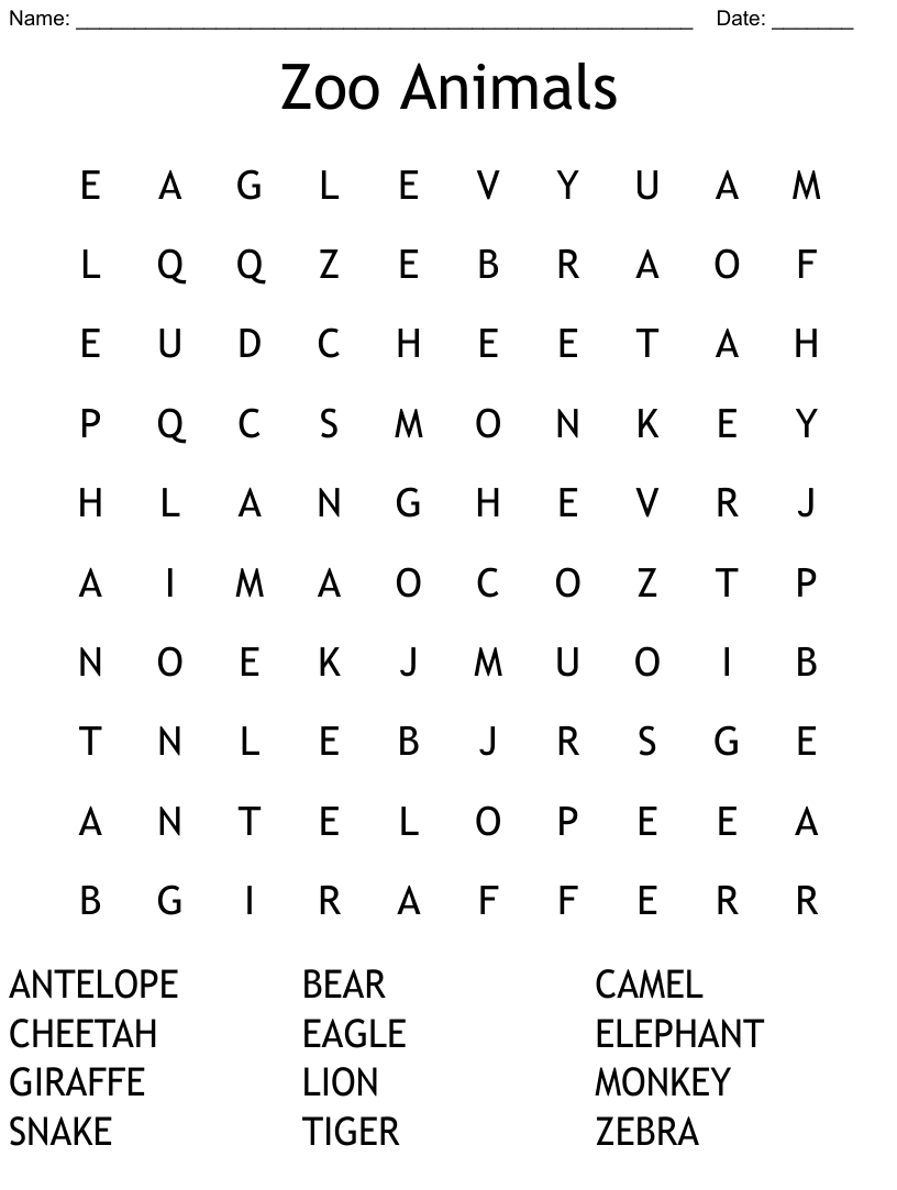 Zoo animals word search