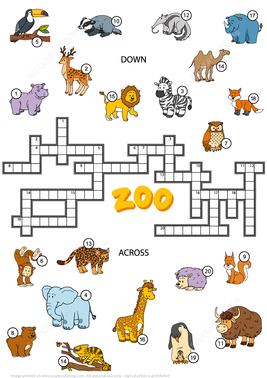 Crossword puzzle about zoo animals free printable puzzle games
