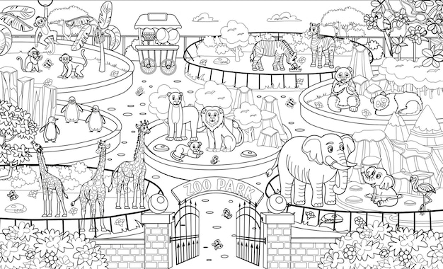 Premium vector big coloring book with zoo animals zoo map with enclosures with animals outdoor park entrance