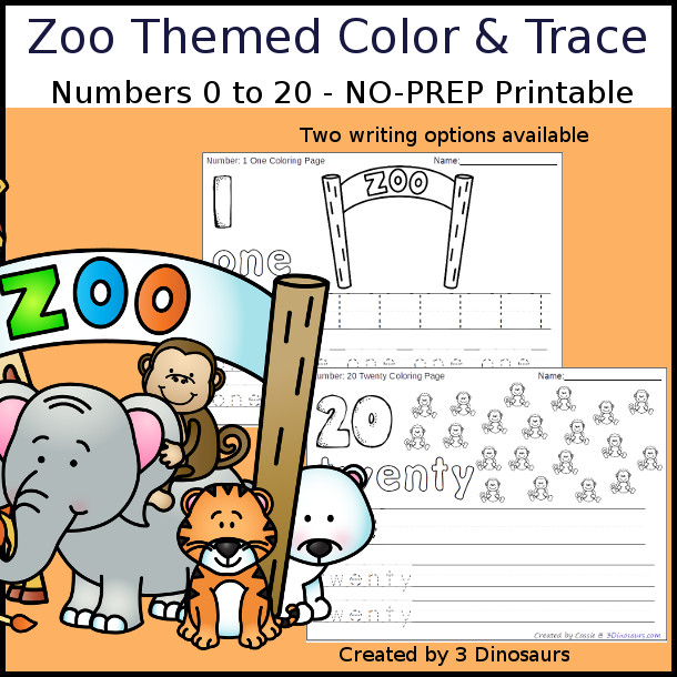 Zoo animals themed number color trace dinosaurs