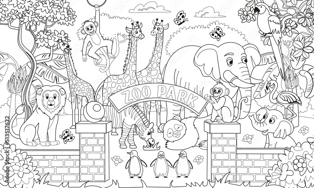 Vektorovã grafika âbig coloring book with zoo animals zoo animals set pandas giraffes elephants zebras elephants penguins monkeys parrots flamingos in cartoon style for kidsâ ze sluåby