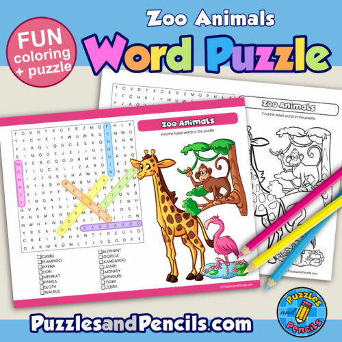 Zoo animals word search puzzle activity page and coloring wordsearch made by teachers
