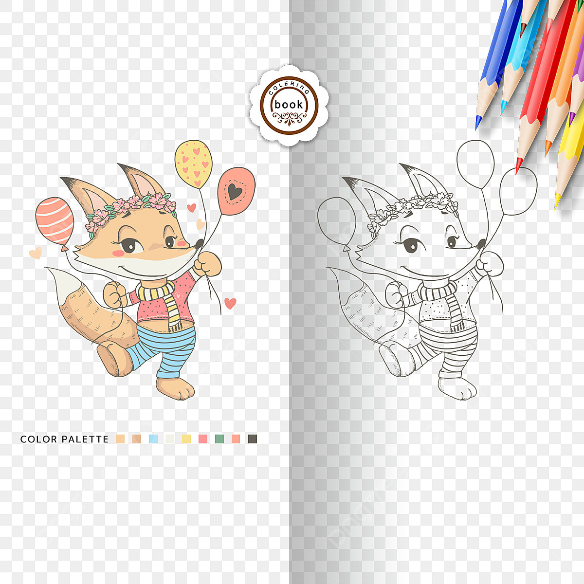 Colorful book png picture coloring book cute little fox coloring card clipart black and white coloring card pencil png image for free download