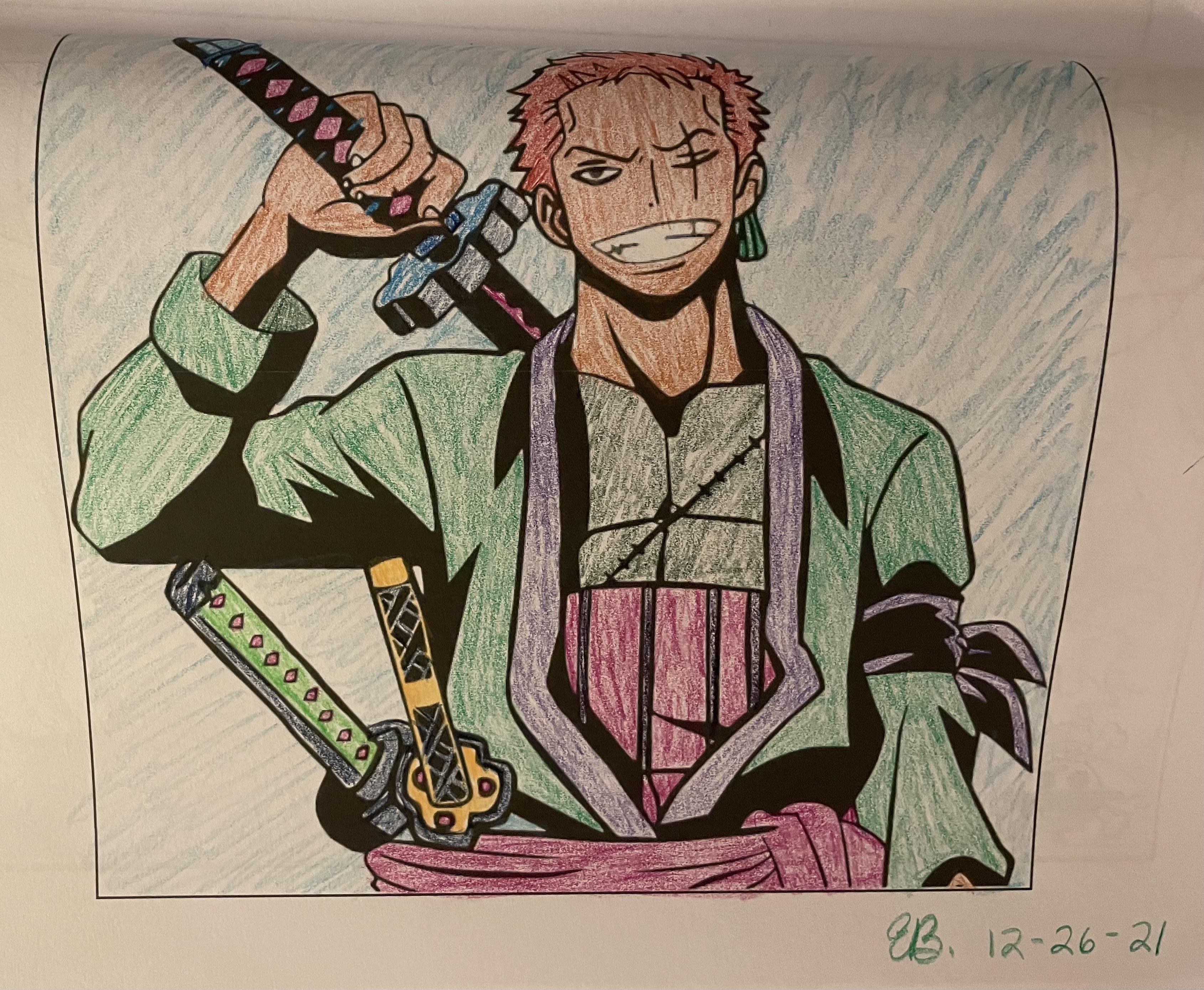 I got a one piece coloring book for christmas and heres my mothers depiction of zoro ronepiece