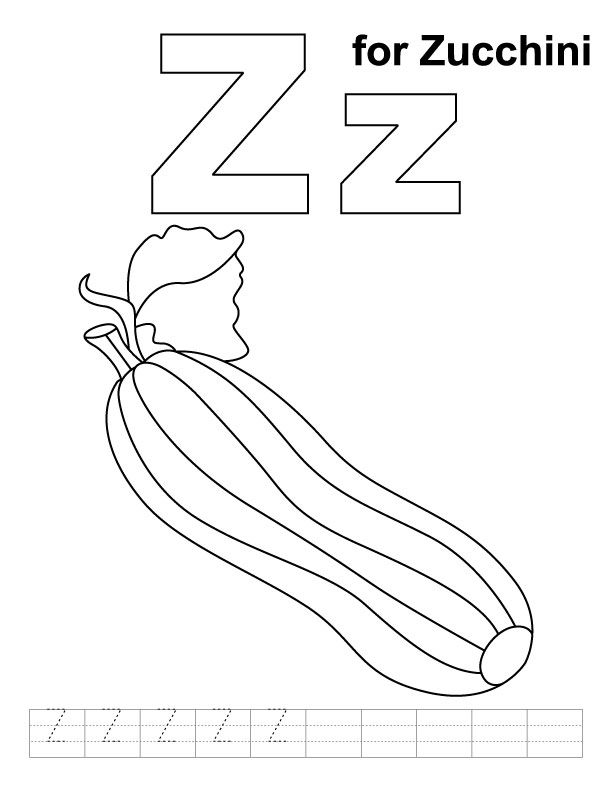 Z for zucchini coloring page with handwriting practice kids handwriting practice school coloring pages printable coloring pages