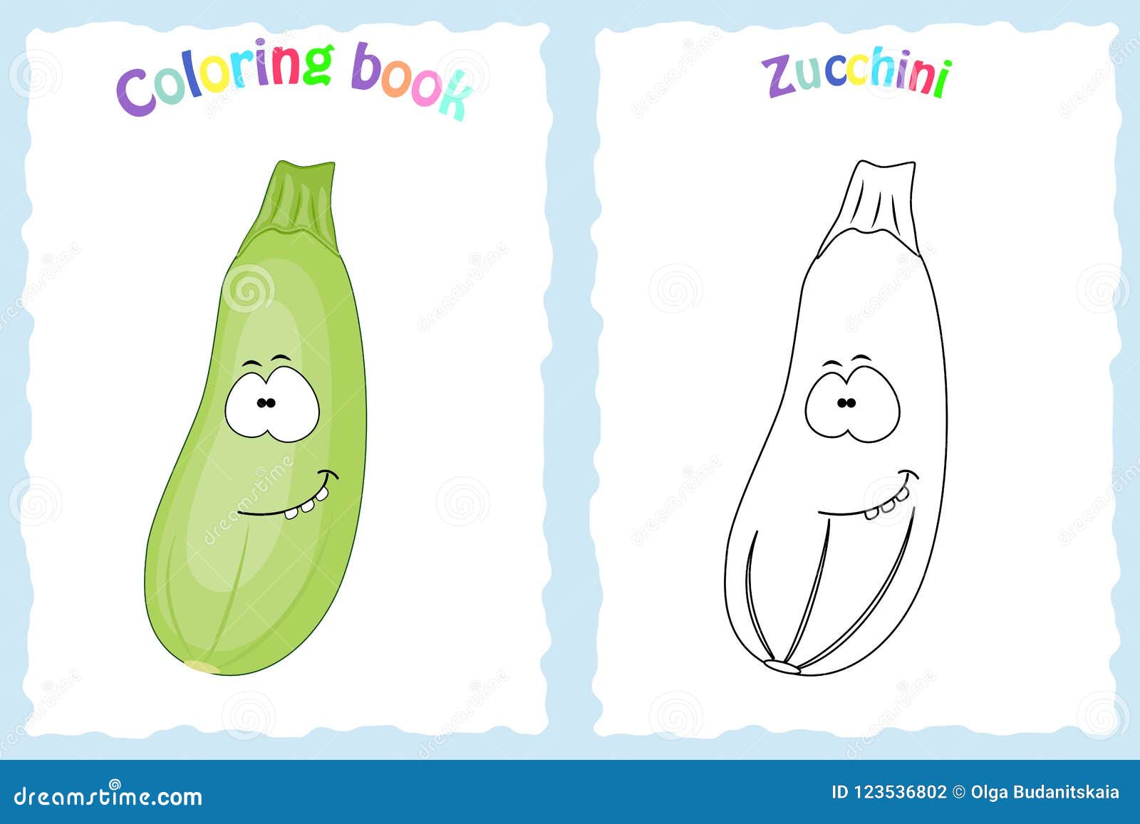 Coloring book page for children with colorful zucchini and ske stock vector