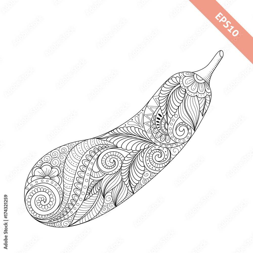 Vector illustration cartoon zucchini with floral ornament coloring book page decorative element vector